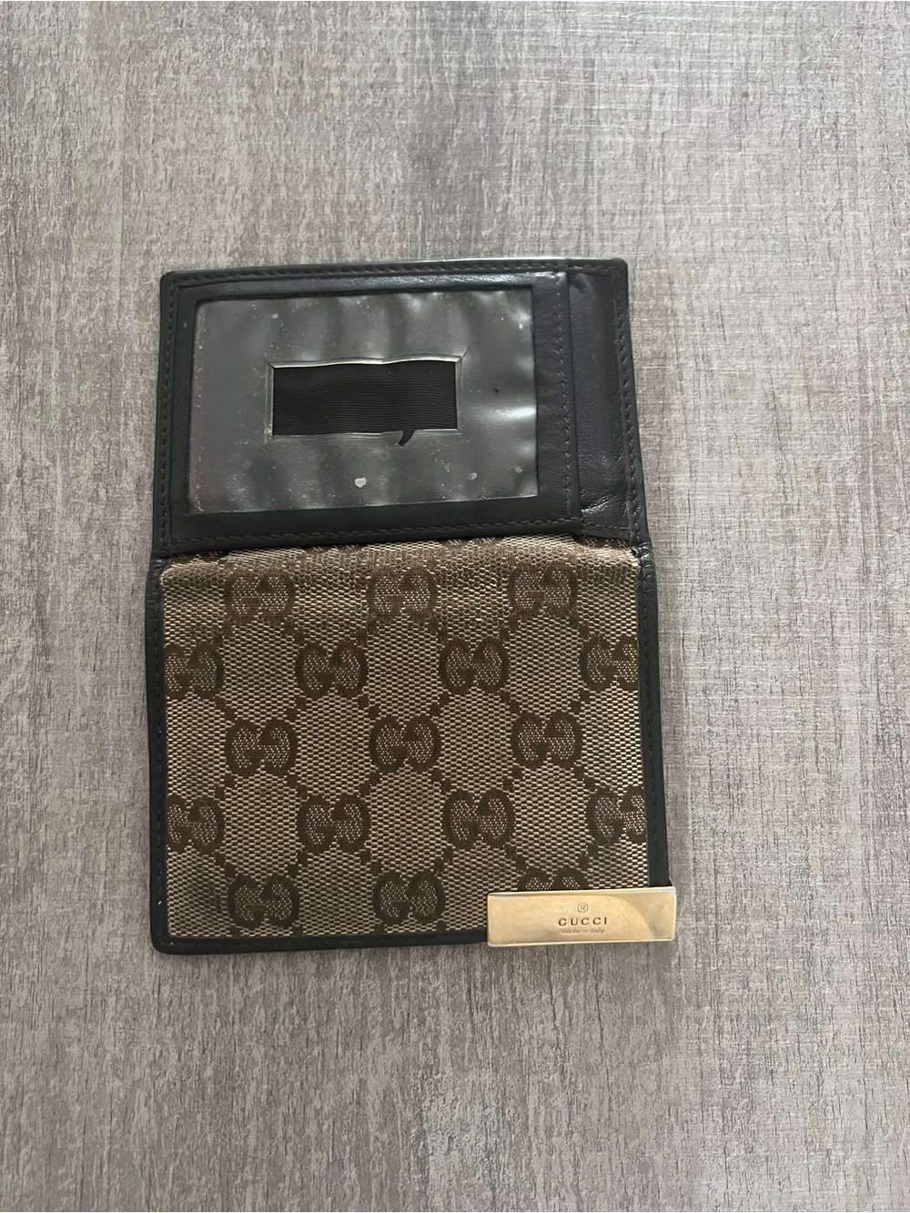 Gucci Brown GG Canvas Card & ID Holder with Brown Trim and Gold Plate